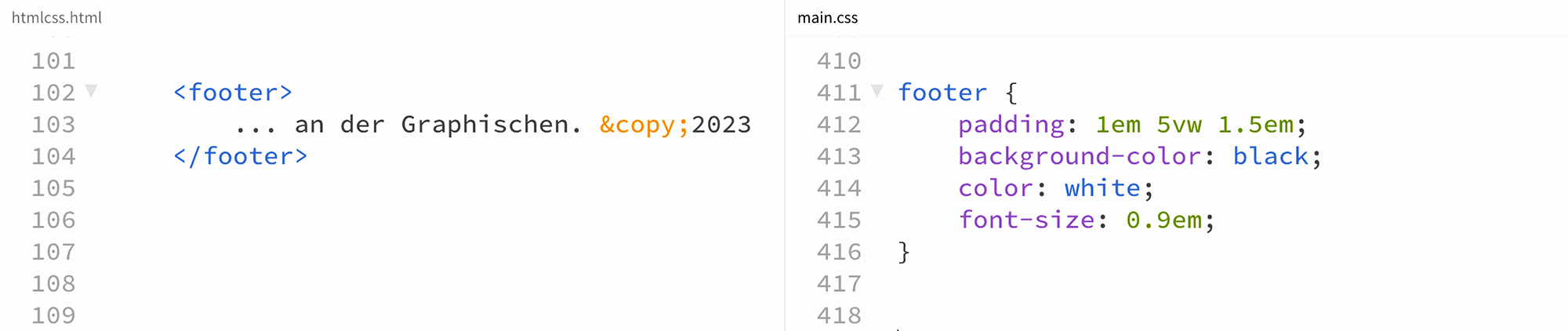 HTML und CSS für eine Fußzeile in einer Website.